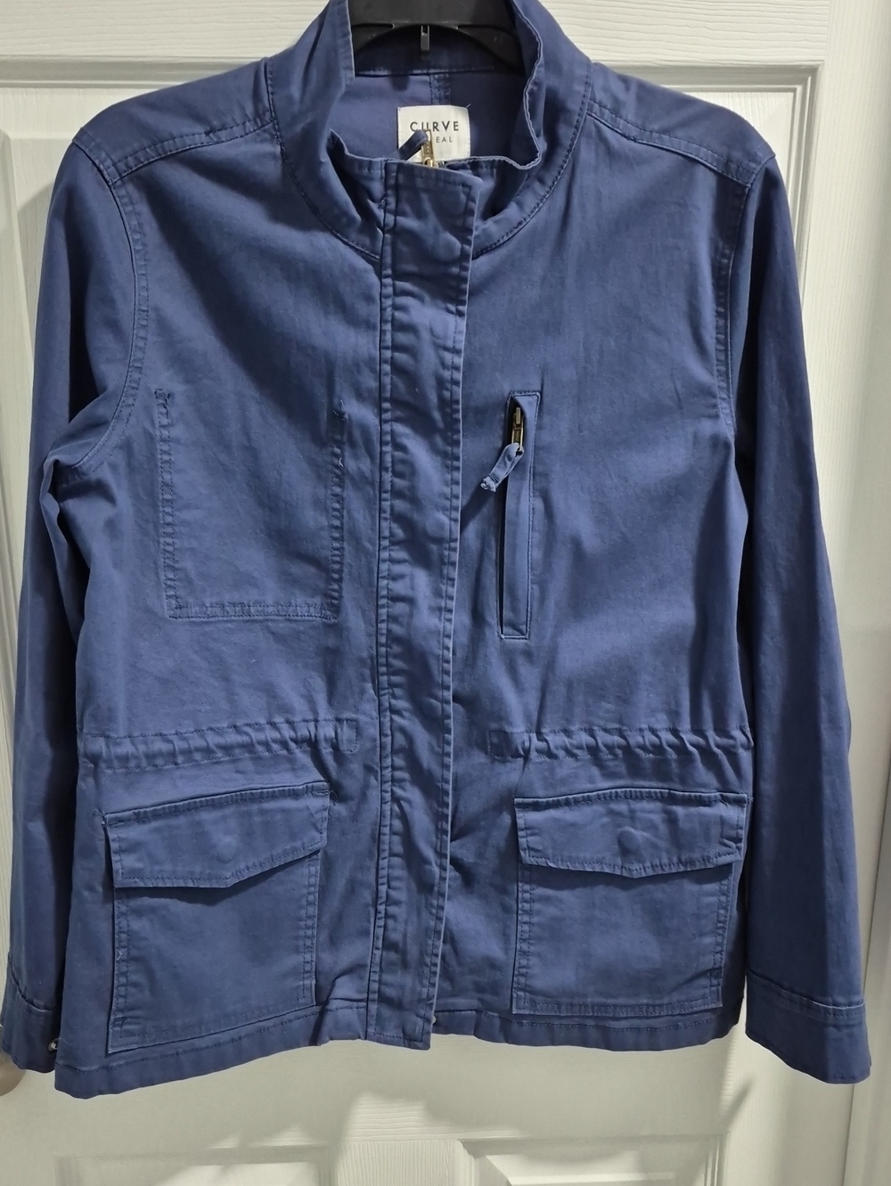 Curve Appeal Women's Blue Utility Jacket with Snap And Zipper Closure